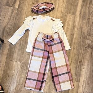 Plaid Pants and Ruffled Top Set with Beret